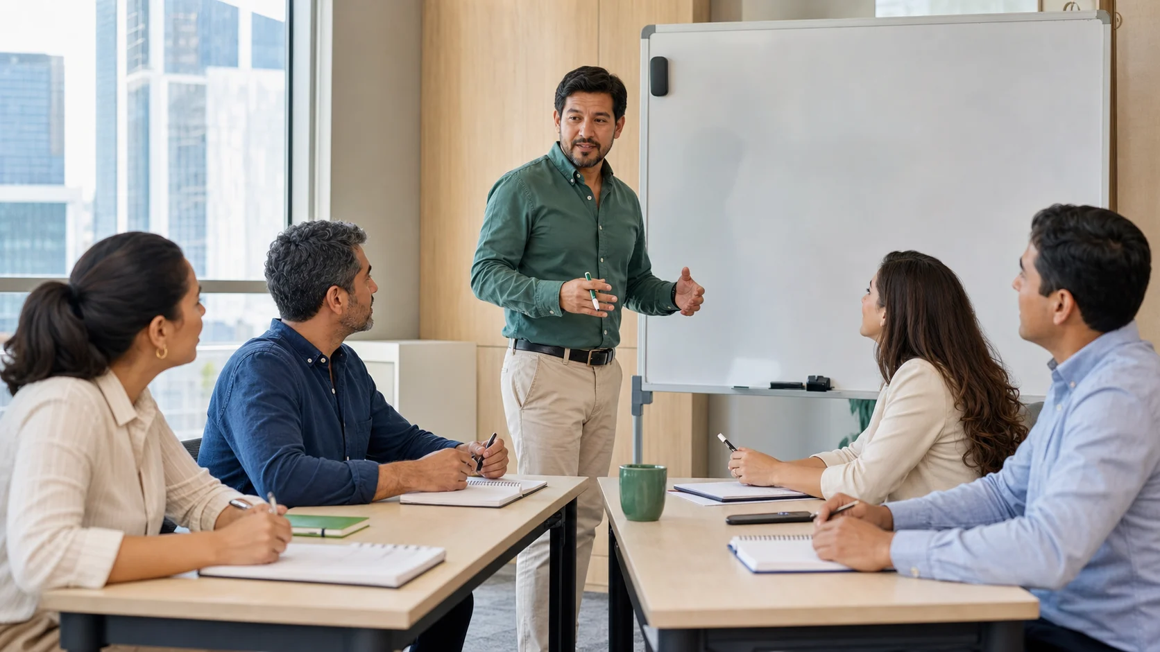 Facilitador y equipo analizando una situación comercial