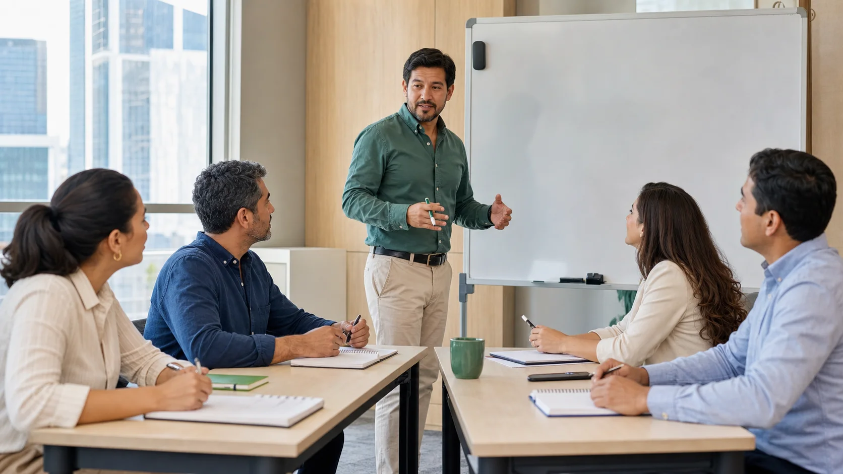 Formador guiando una sesión práctica con un grupo de profesionales